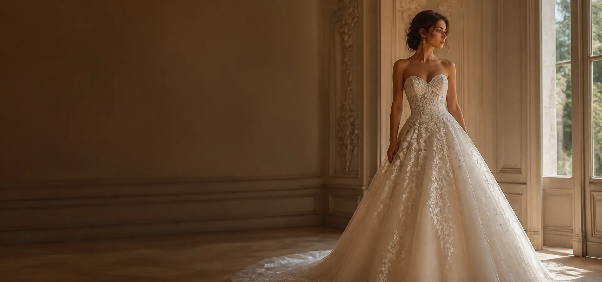 Bride in an elegant gown in a warm European interior